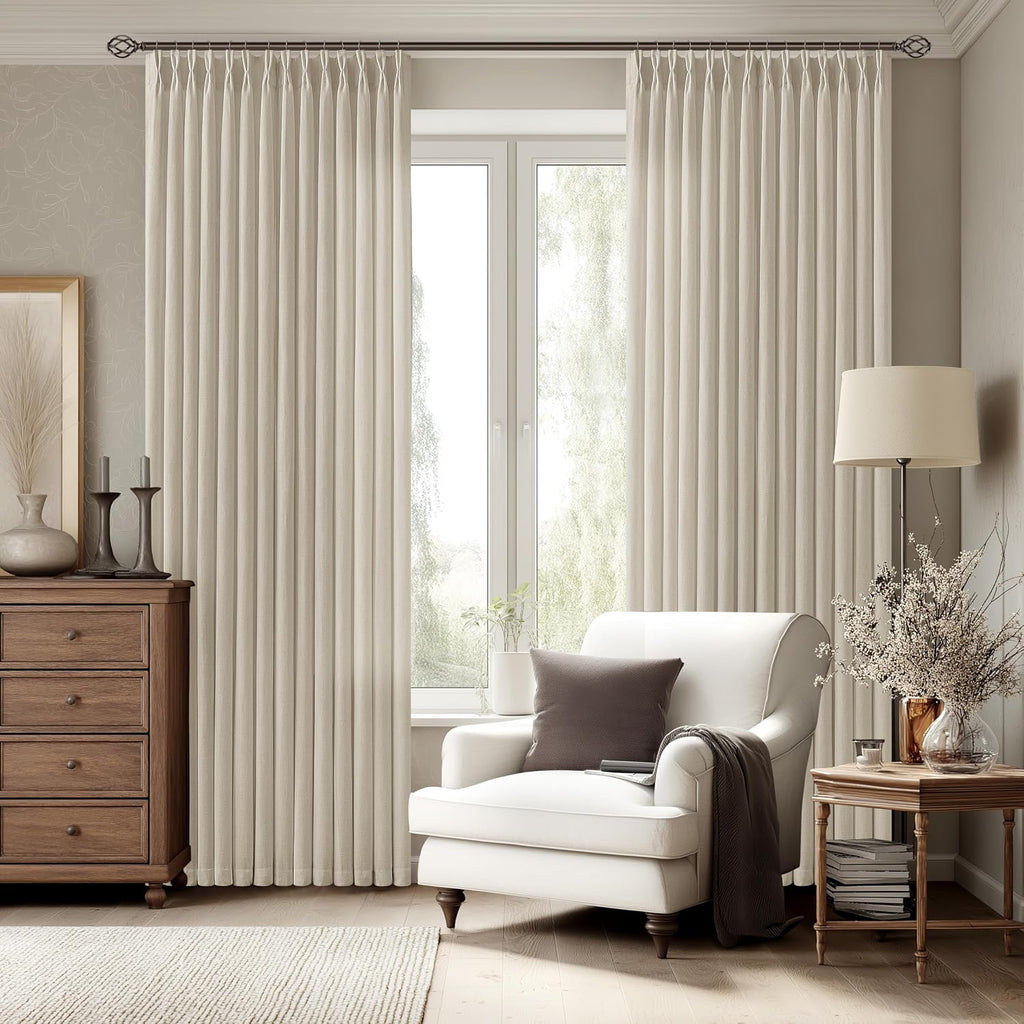 105 Inch Linen Curtains Pinch Pleated 2 Panels for Living Room Dining Light Filtering Semi Sheer Memory Trained Pinch