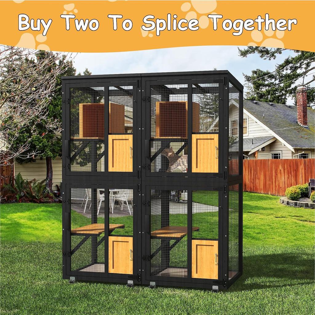 4 Tiers Catio Outdoor Cat Enclosure, Indoor Cat House with 4 Wheels, Black