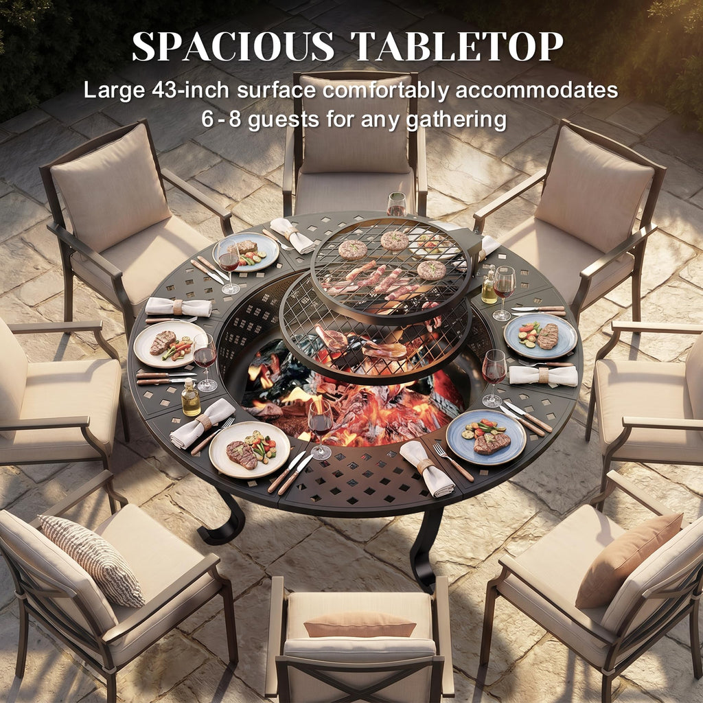 43" Fire Pit, Firepit with Adjustable 2 Grills & Lid & Fire Poker