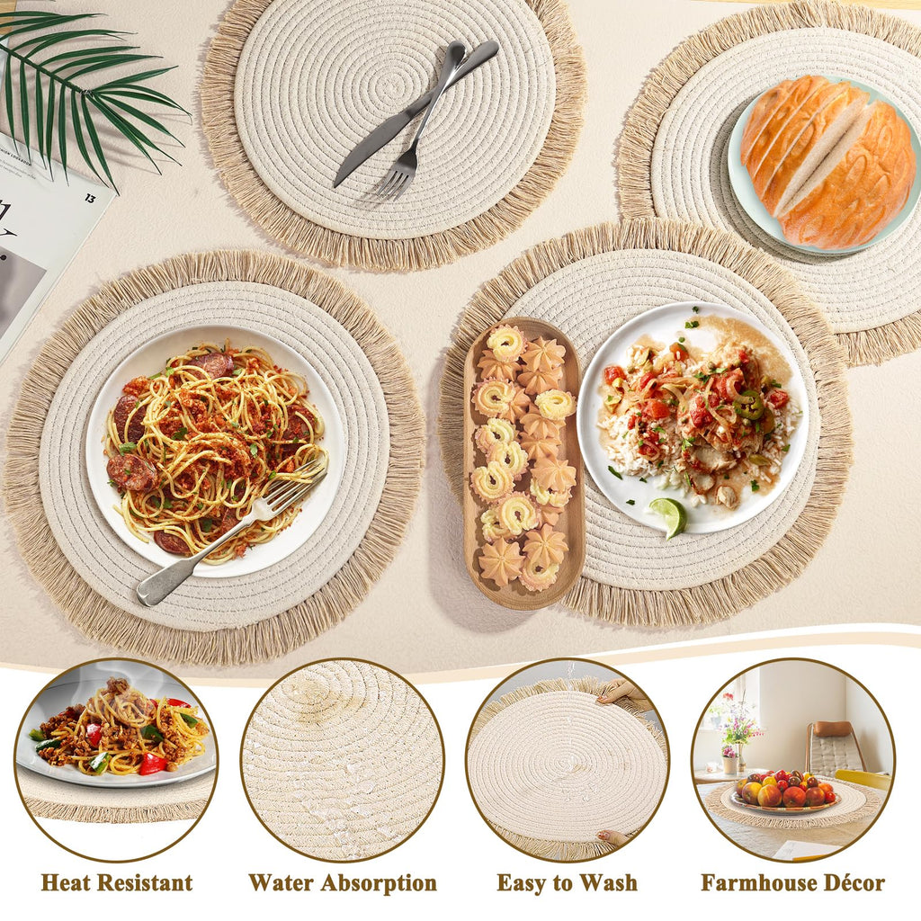 Round Placemats Set of 4 Table Mats 13Inch Washable Cotton Heat Resistant for Dining Table Decor, Farmhouse Thick
