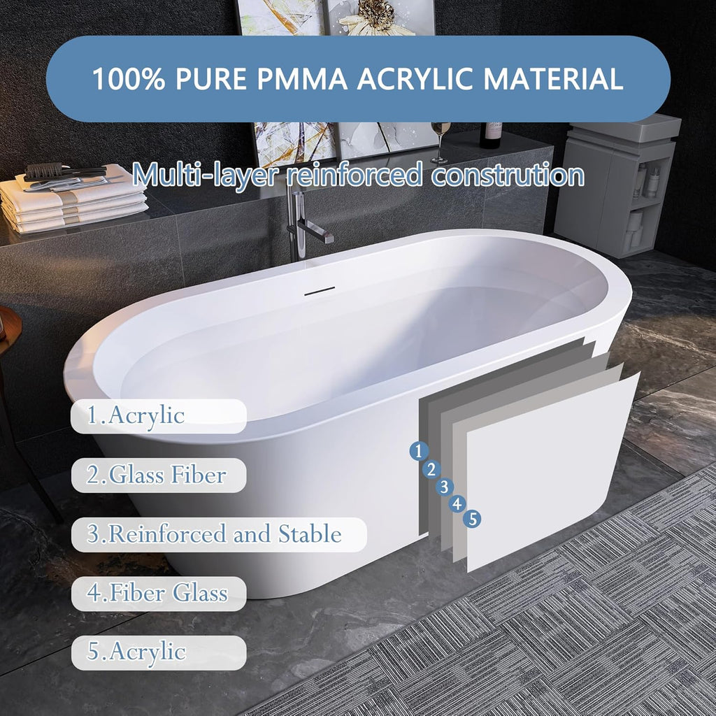 64" Free Standing Tub, Pure Acrylic Freestanding Bathtub, Stylish Stand Alone Contemporary Deep Soaking Bath Tub