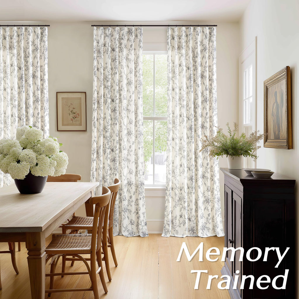 Black Flower Semi Sheer Linen Curtains Vintage Pinch Pleated Drapes 40x90