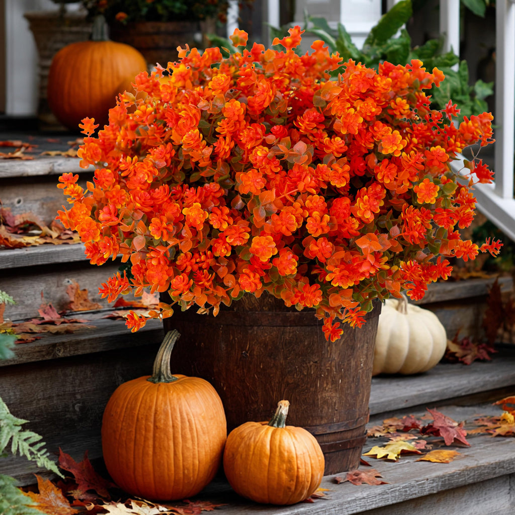 Artificial Fall Flowers Outdoor, Fake Mums (Orange Green)