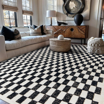 Contemporary Checkered Grid Contrast Area Rug Soft Black