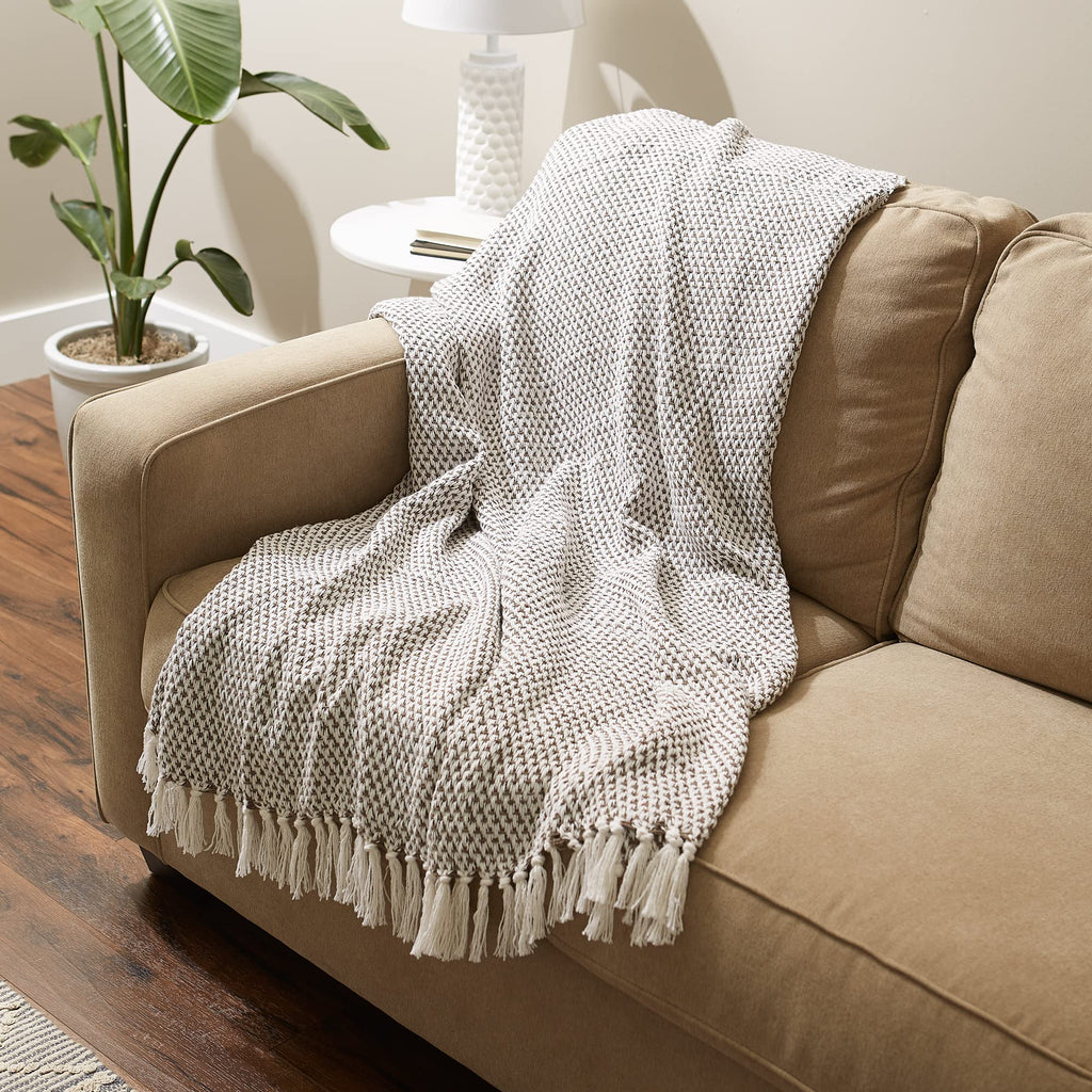 Basketweave Cotton Throw Blanket with Fringe, 50x60, Brown