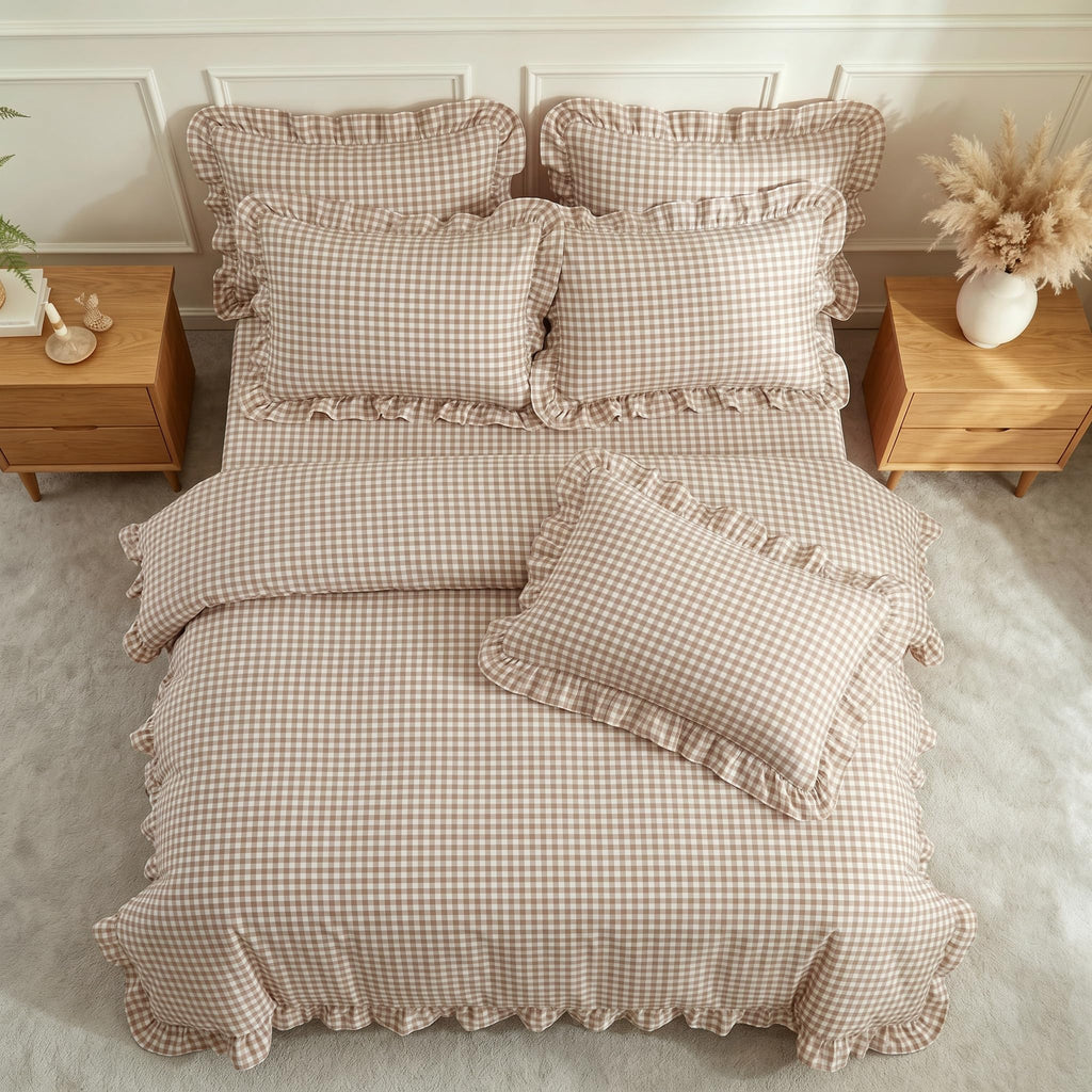 Gingham Duvet Cover Set Queen Tan Brown Ruffle Bedding Set