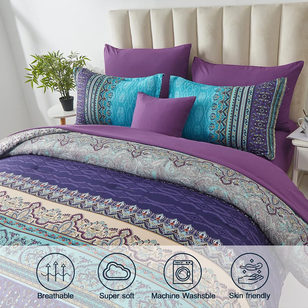 Cottolester Boho Comforter Set Queen 8 Piece Bed in a Bag Bohemian Striped Bedding Quilt Set Aqua Paisley Floral