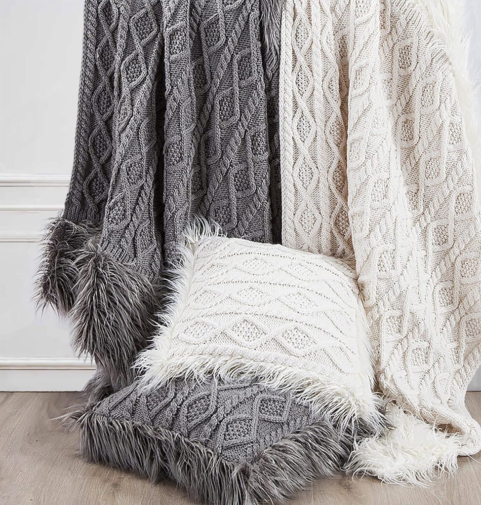 Nordic Cable Knit and Faux Mongolian Fur Wool Throw, 50x80 inch, Gray Solid Color, Sweater Style, Diamond Pattern