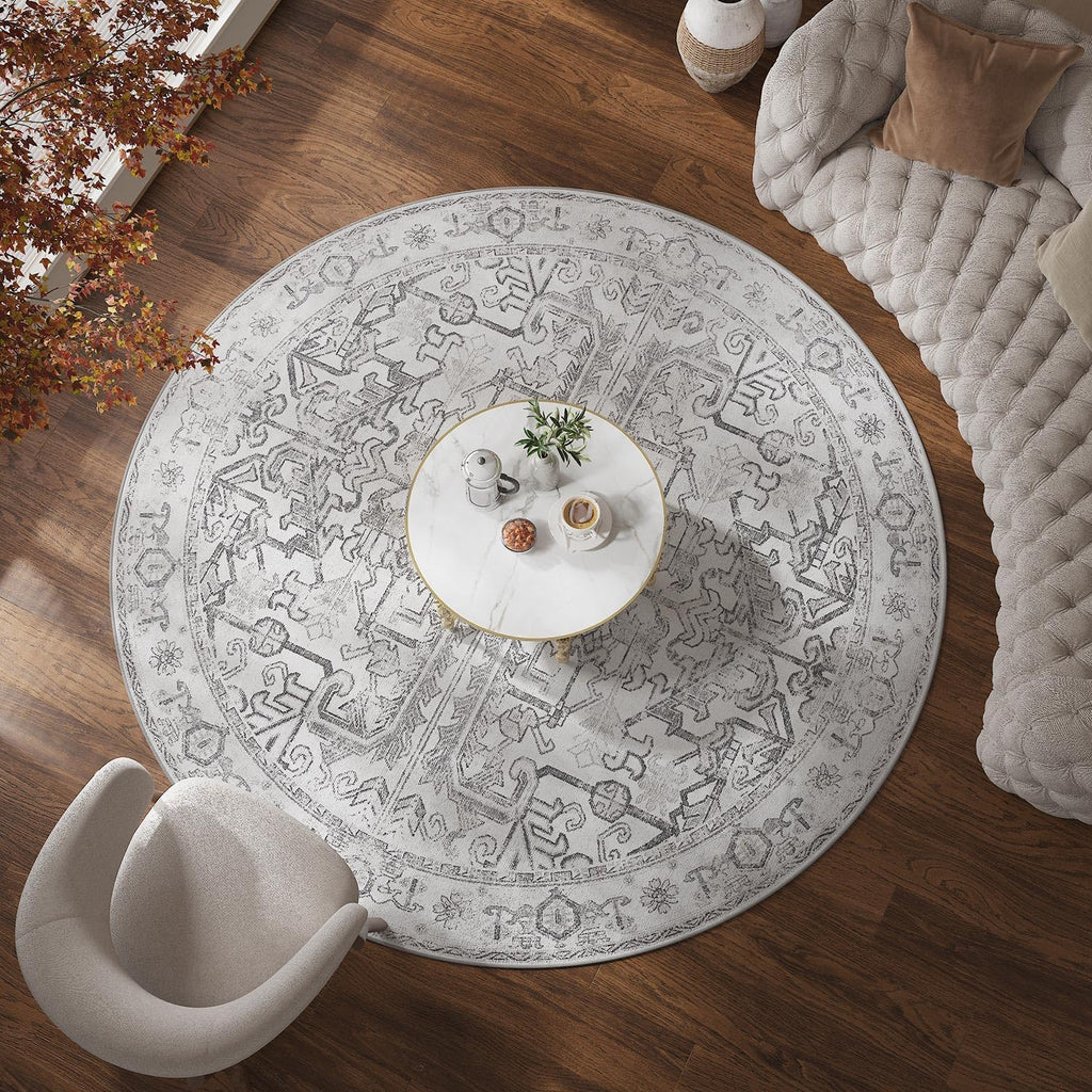 Lima Round Rug 6ft Vintage Machine Washable Area Rug Indoor Circle 6' Ultra-Thin Non-Slip Floral Pri