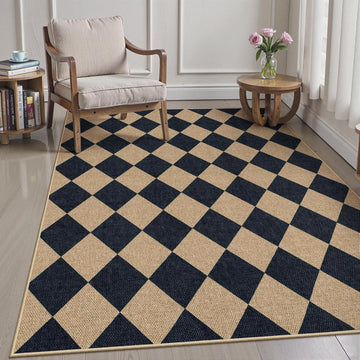 Checkered Easy Jute 5x7 Outdoor Rug, Black Washable Rugs 5x7 Neutral Indoor Outdoor Carpet, Non Slip Stain Resistant