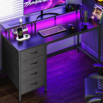 47 Inch Computer Desk with Power Outlets and LED Lights, Gaming Desk with 4 Drawers, Office Desk with Monitor Stand
