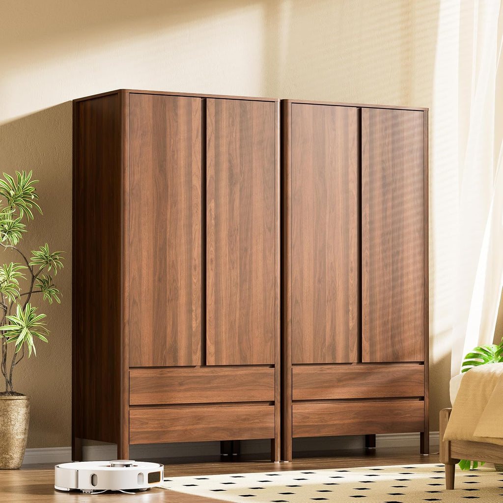 Armoire Wardrobe Closet, 70.9" Tall Wardrobe Cabinet with 2 Doors, 2 Large Drawers and Hanging Rod, Wooden Clothing