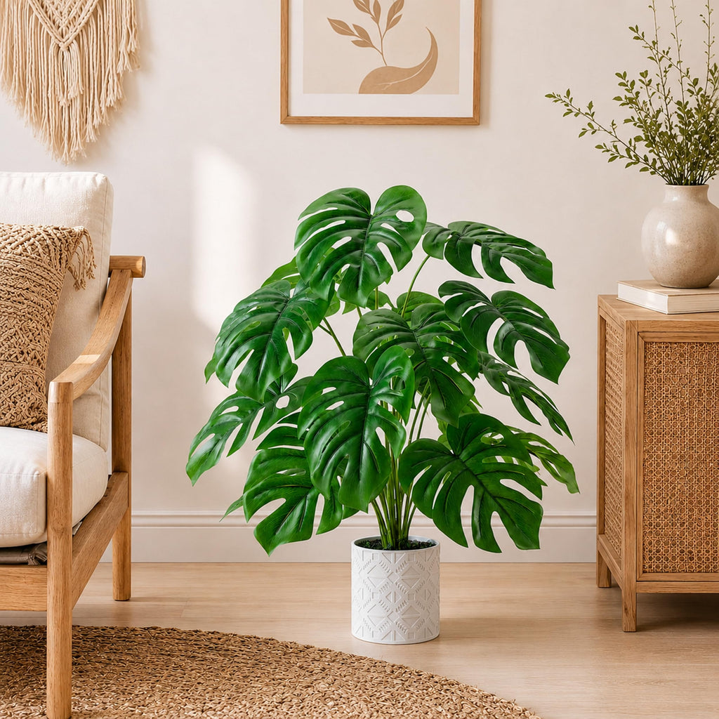 26" Fake Plants, Monstera Plant in White Boho Pot Decor