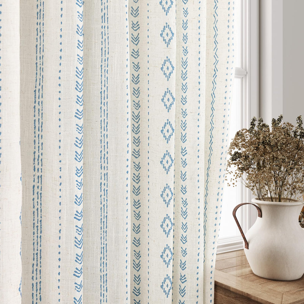 Natural Linen Boho Curtains Light Filtering Blue Stripe Geometric Pattern Semi Sheer Curtains 120 inch Long Western