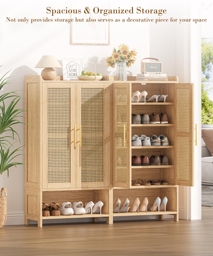 Rattan Shoe Cabinet with Doors & Adjustable Shelves, Natural Oak