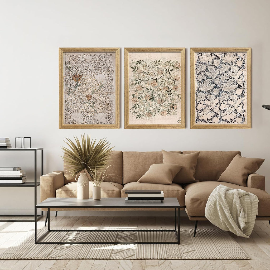 Vintage Floral Canvas Wall Art Set of 3, Retro Botanical Flower Prints with Wood Frame, William Morris Decor Bedroom