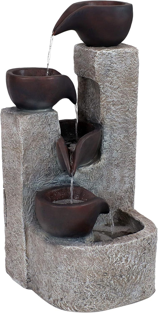 Aged Tiered Vessels 29-Inch Solar Fountain with Battery Backup - Submersible Pump - Polyresin
