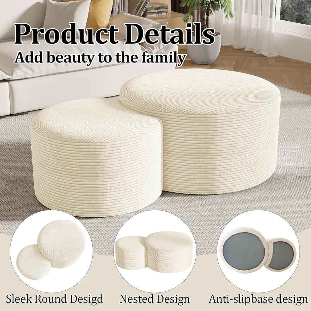 Round Nesting Coffee Table Set of 2,Upholstered Foam Ottoman Footrest Side Table Set,Modern Flannel Circle Coffee