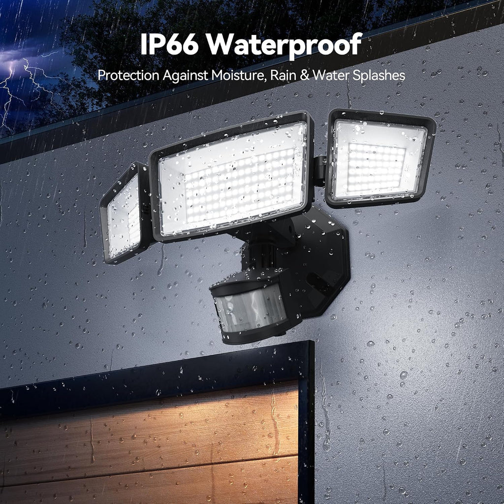 7500LM Motion Sensor Outdoor Lights, 150-LED 3-Head Security Light with Remote Control, 300°Wide Angle Flood Wall