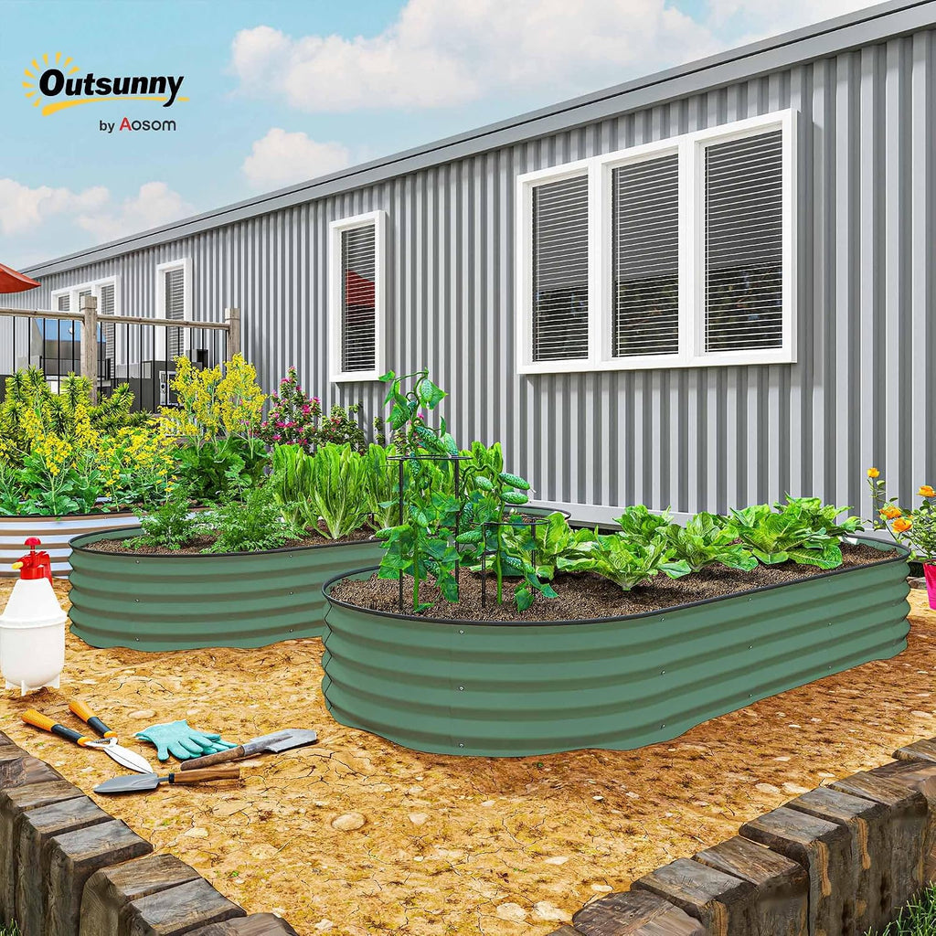 2PCS Galvanized Raised Garden Bed, 7' x 3' x 1', Green | Metal Raised Beds for Gardening, Plant Support Stakes
