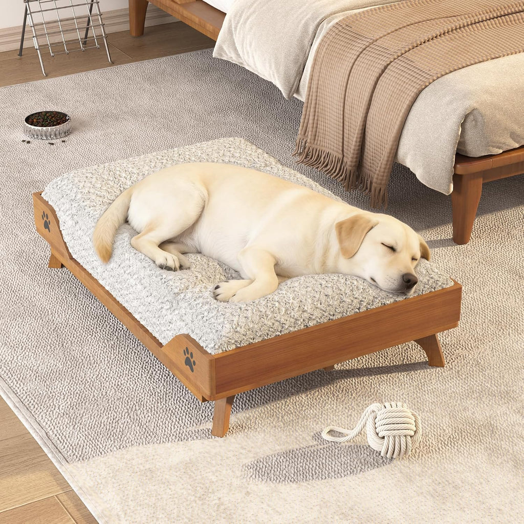 Elevated Solid Wood Large Dog Bed - Brown Pet Bed Frame with Soft Cushion Washable, Mid-Century Modern Raised Dog