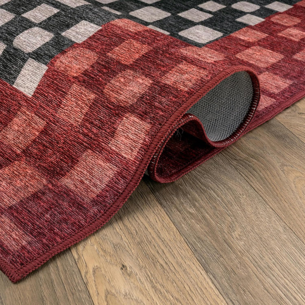 Checkerboard Washable Non-Slip Area Rug, Dark Gray/Red