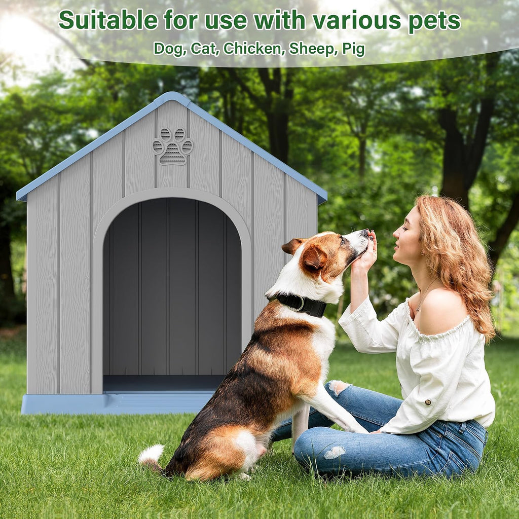 Large Dog House for Outdoor & Indoor, Waterproof Puppy Shelter with Air Vents & Elevated Floor, Easy Assemble Sturdy
