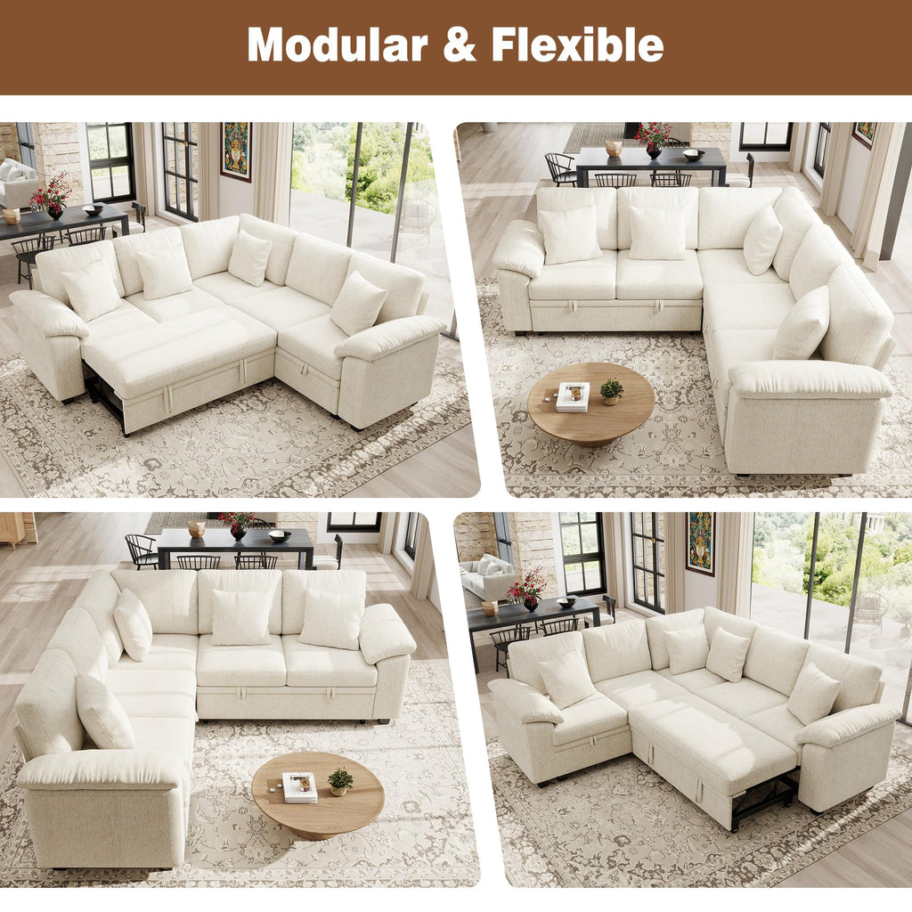 86" Modular Sectional Sofa with Pull Out Bed, 5-Seater L Shaped Sectional Sleeper Couch with Storage, Chenille