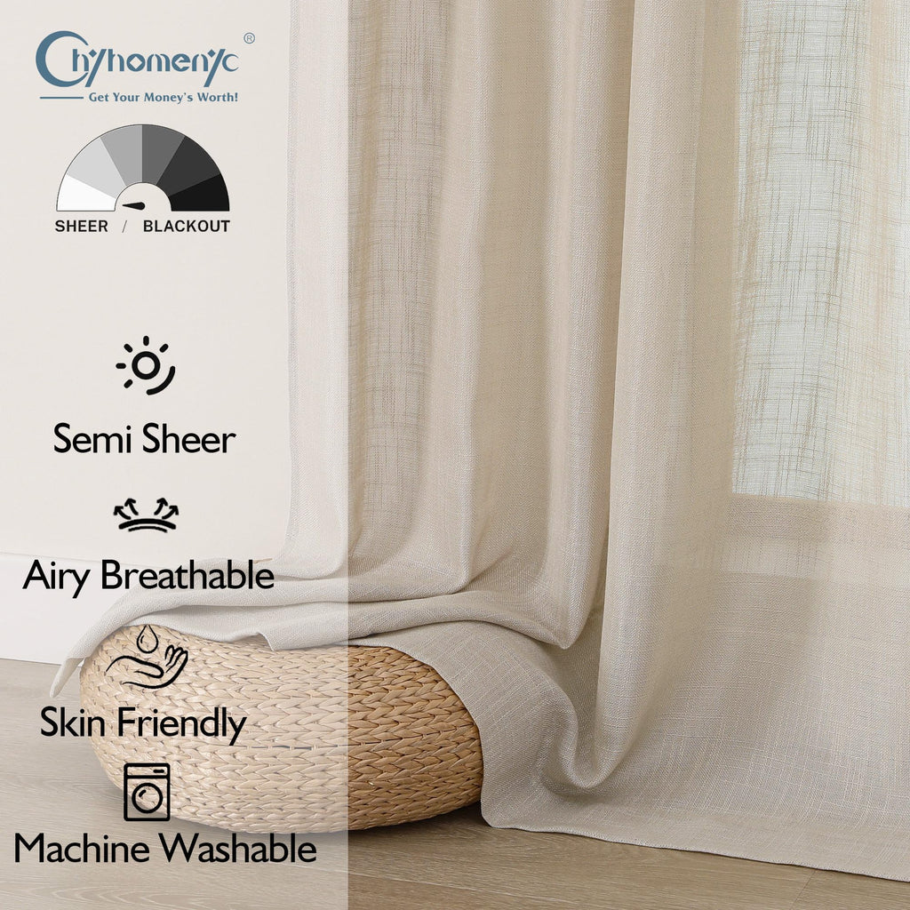 Extra Long Semi Sheer Curtains 108 Inches Long 2 Panels Set, Light Filtering Faux Linen Slub Textured Burlap Drapes