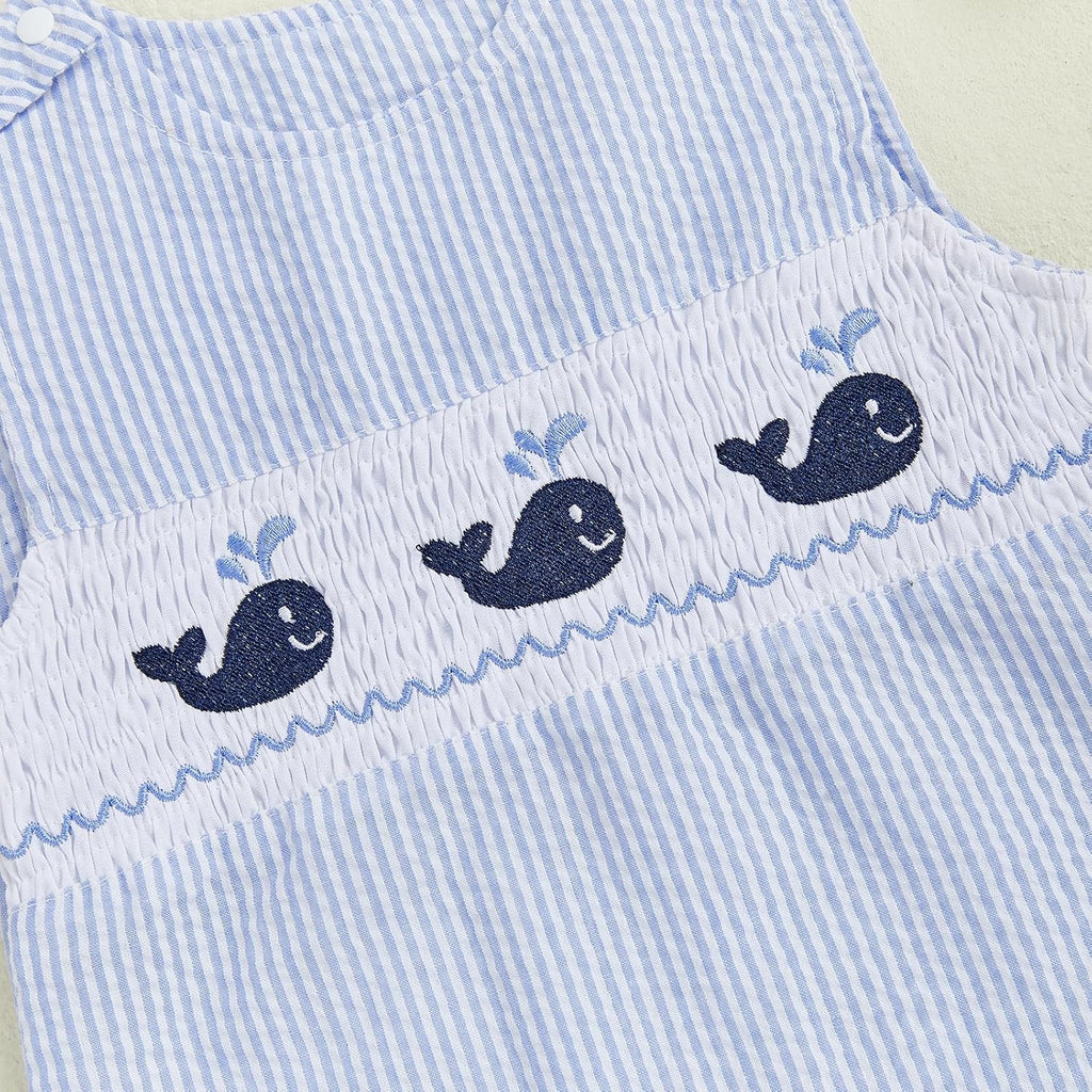 Newborn Baby Boys Sleeveless Seersucker Romper One Piece Straps Overalls Striped Jumpsuit Summer Smocked Clothes