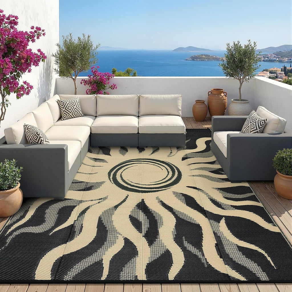 Outdoor Rug Waterproof Patio Rugs with Boho Sun Pattern, Reversible Plastic Straw Camping Rugs Outdoor Indoor RV