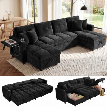 108" U Shaped Sectional Sleeper Sofa, Oversized Pull Out Sofa Bed