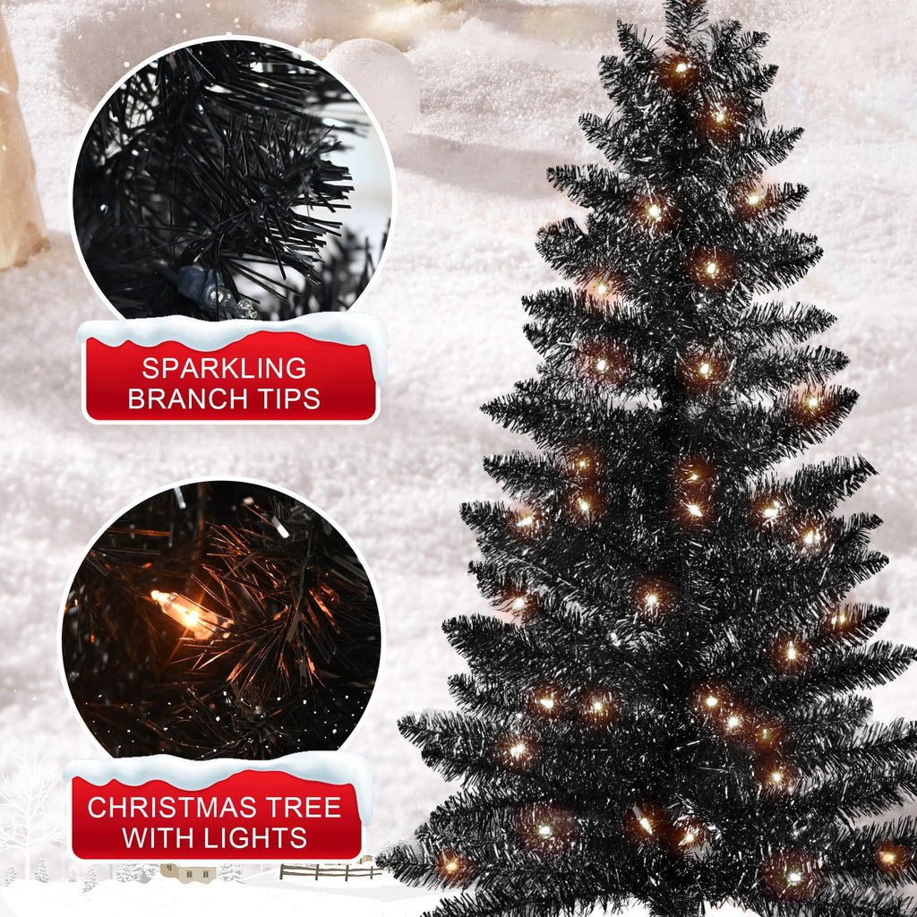 4ft Artificial Full Black Christmas Tree with Separate Lights, Not Pre-lit Mini Black Tinsel Pine Christmas Tree, 50