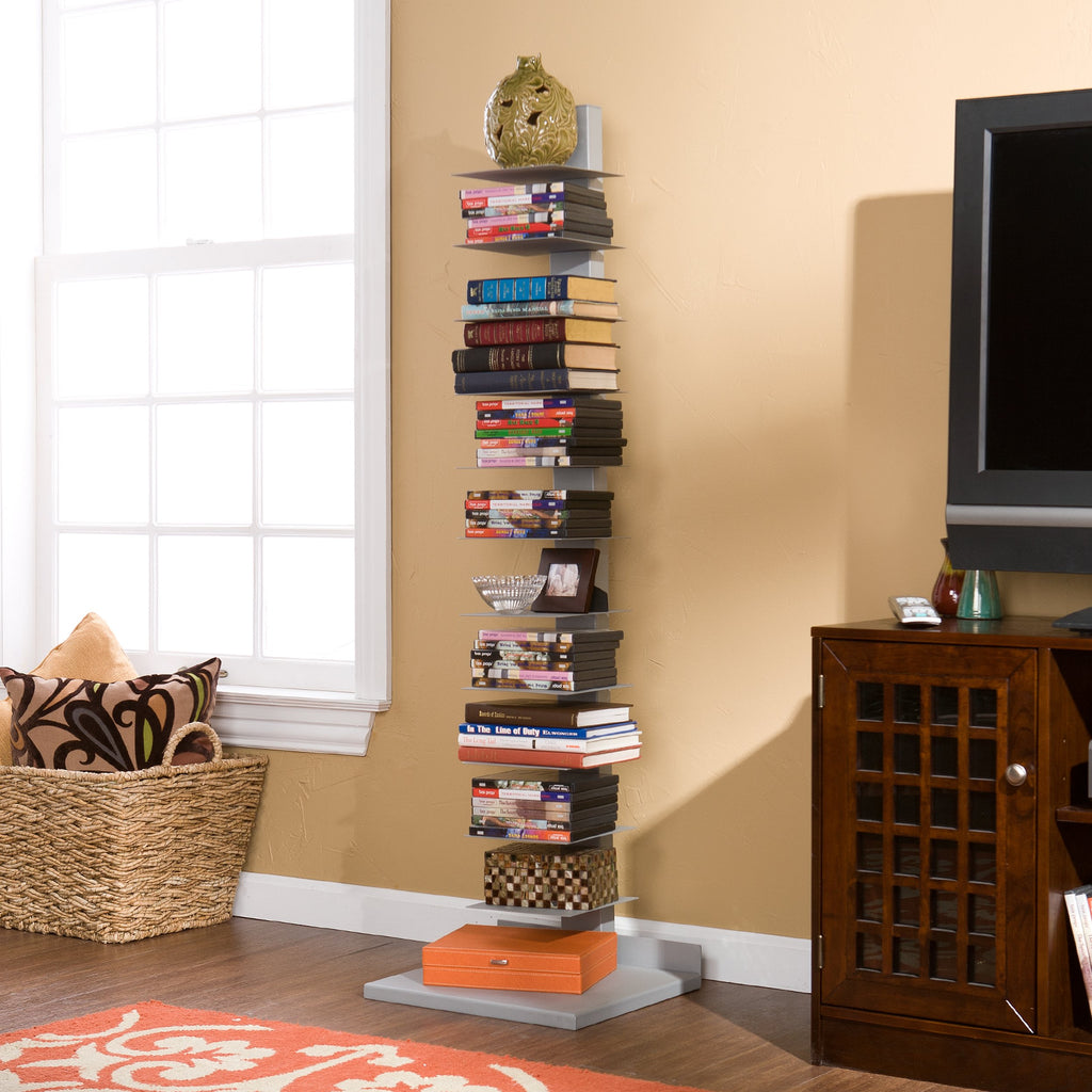 11- shelf Metal Spine Book Tower, Silver