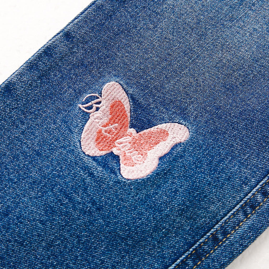 Girls Embroidered Jeans, Ribbed Elastic Waist Denim Pants