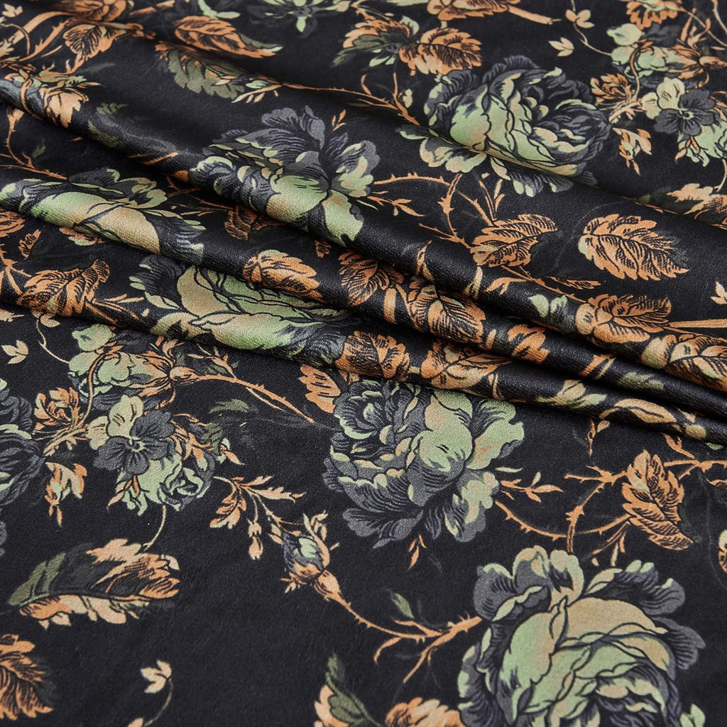 Black Velvet Curtains 84 inches Long - Printed Floral Design Home Decoration Back Tab Vintage Thermal Insulated Room