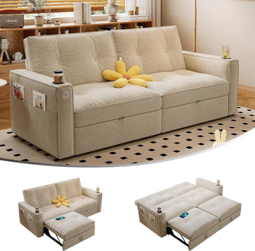 73.2'' Sleeper Sofa Full Size, Pre-Assembled Corduroy Futon, Beige | Convertible Pull Out Couch with Adjustable