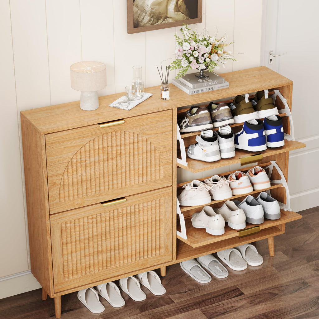 Fluted Shoe Cabinet with 4 Flip Drawers, Narrow Wood Shoe Storage Cabinet, Slim Shoe Rack, Freestanding Shoe Cabinet