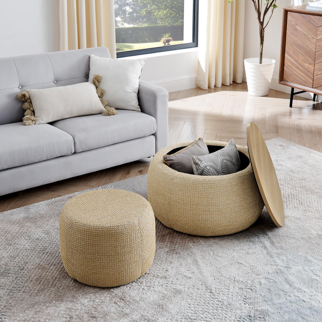 Round Storage Coffee Table Ottoman, Woven Rattan Fabric 2-in-1 Hidden Storage Center Table with Removable Seat