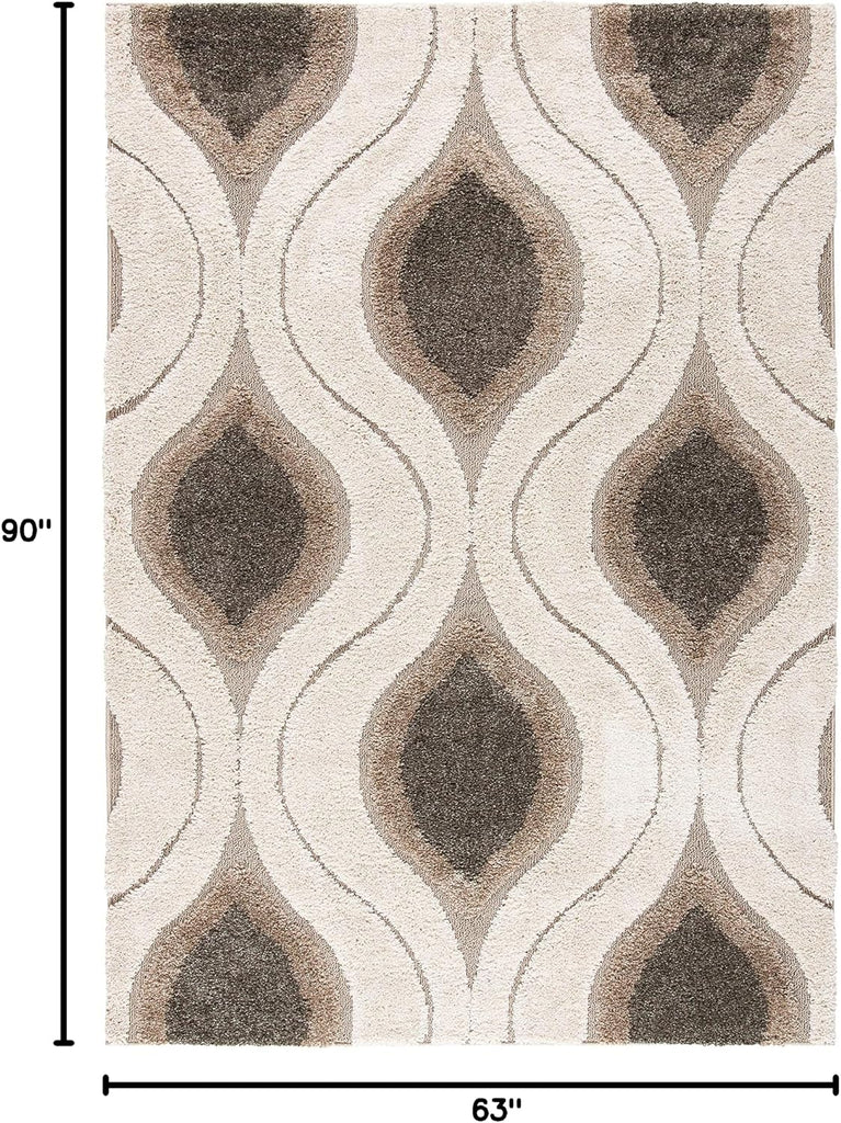 Florida Shag Collection Area Rug - 5'3" x 7'6", Cream & Smoke, Modern Ogee Design, Non-Shedding & Easy Care, 1.2-inch