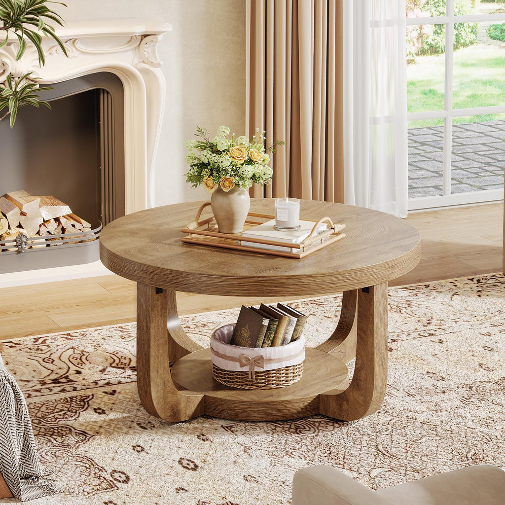 Round Coffee Table, 2-Tier Circle Coffee Table with Storage, Modern Wooden Accent Center Table, Thick Tabletop &
