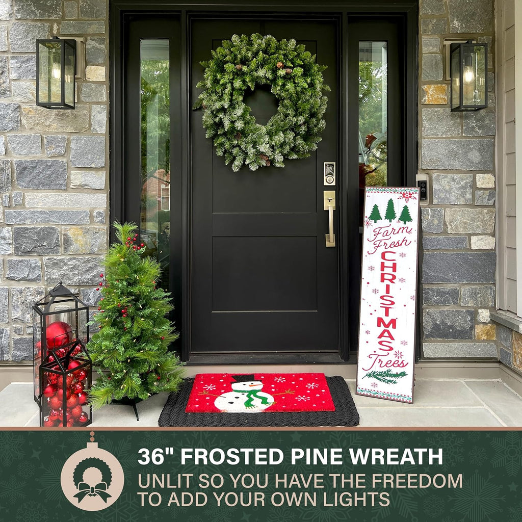 36" Frosted Pine Wreath Door Hanging with Pinecones, No Lights, FFWRA036-0SN, Snow