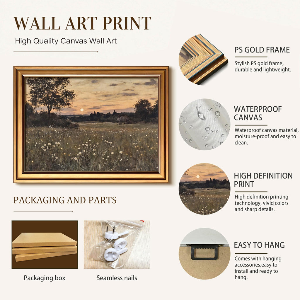 Gold Framed Vintage Landscape Canvas Wall Art, Rustic Wildflower Meadow Poster Painting Print Picture, Countryside