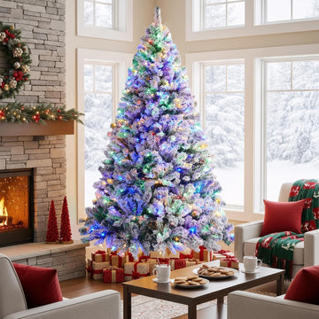 7.5ft Pre-lit Spruce Artificial Christmas Tree Snow Flocked Hinges Tree with 550 Multicolor LED Lights & 1284 Branch