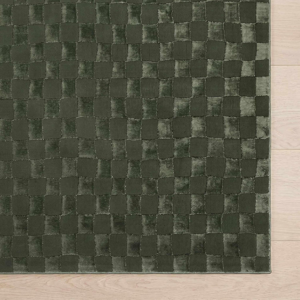 Renoir Living Room, Bedroom Machine Washable Area Rug - Checkered Geometric Square Tile - Olive Green, Sage Green