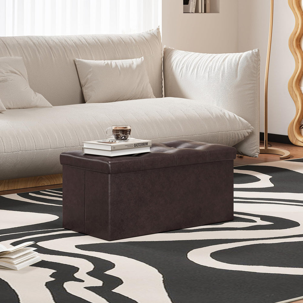 Folding Storage Ottoman Bench, Faux Leather Footrest Couch, 30 inch Storage Bench with Padded Seat Hallway, Holds up