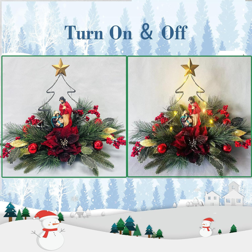 Nativity LED Christmas Tree Tabletop Centerpiece, Holy Family Christmas Decoration with Warm Lights, Red Poinsettia &