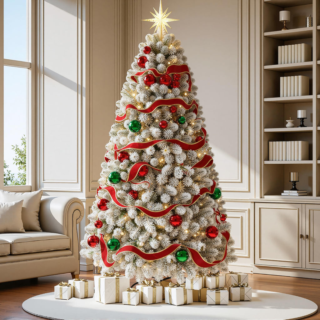 7.5 FT Pre-lit Snow Flocked Christmas Tree Spruce with Remote Control, 350 Warm White Multi-Color Changing LED