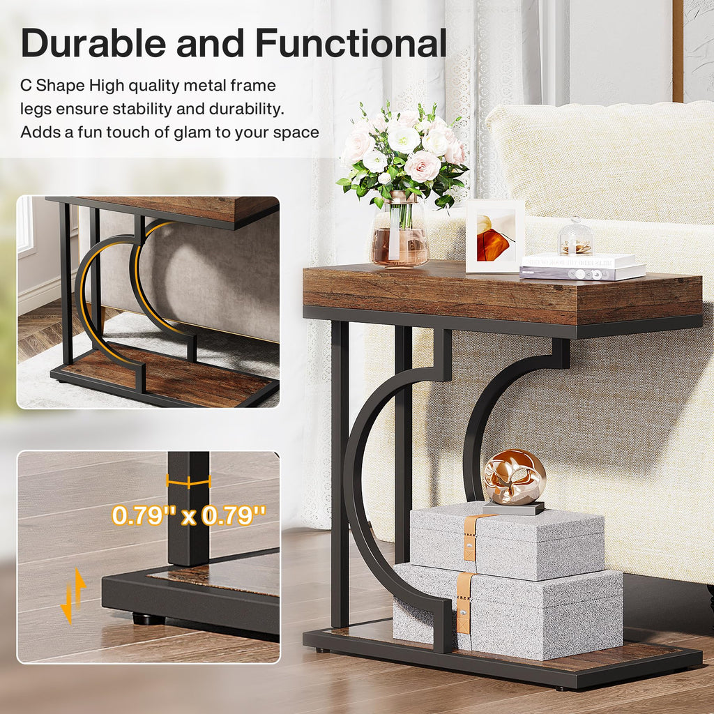 Narrow Side Table for Couch, C Shaped End Table with Metal Frame, Farmhouse Bedside Tables, Small Sofa Tables for