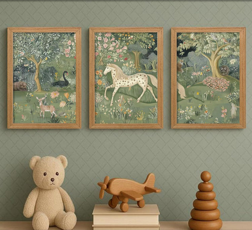 Framed Vintage Woodland Animal Nursery Wall Art Magic Horse Bear Deer Poster Green Fantasy Forest Botanical Pictures